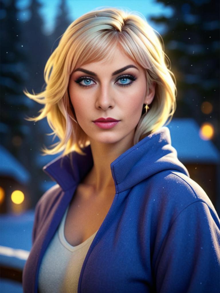 Blonde Woman with Blue Eyes in Winter Landscape