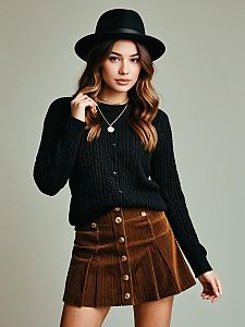 Woman in Casual Chic Black Cable Knit Sweater and Brown Corduroy Skirt