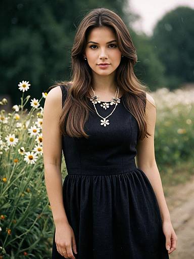 Young Woman in Black Frock Dress with Floral Jewelry Outdoors