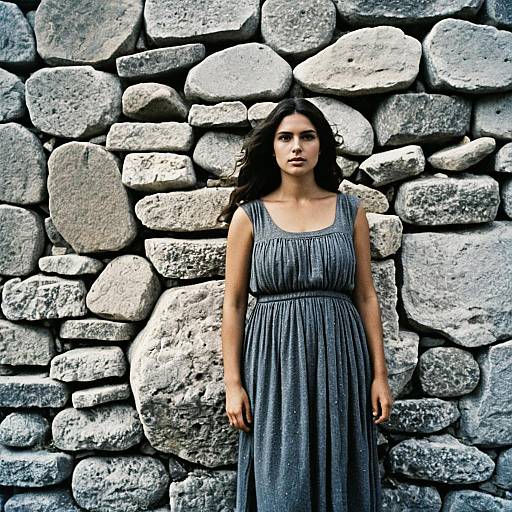 Woman in Gray Greek Chiton Dress Standing by Stone Wall