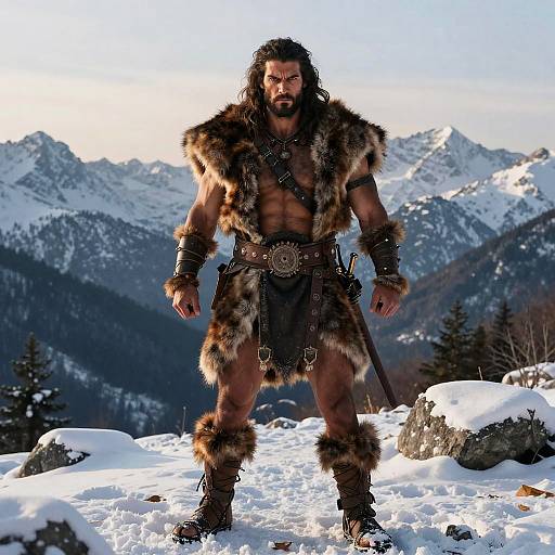 Barbarian Warrior Man in Fur Armor Standing in Snowy Mountains