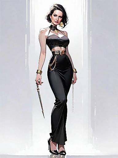 Elegant Woman in Black Evening Gown Realistic Comic Art Full Body
