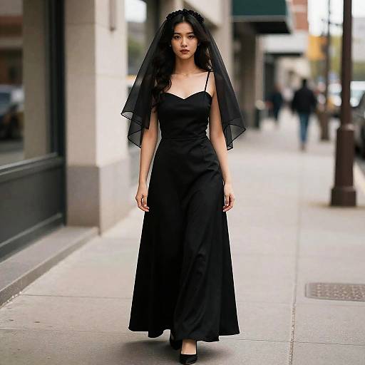 Runaway Bride Costume Woman in Black Dress and Veil Walking in City