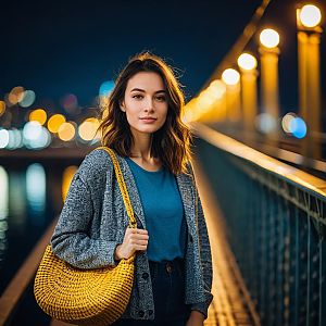 Young Woman on Night Bridge with Yellow Handbag and City Lights
