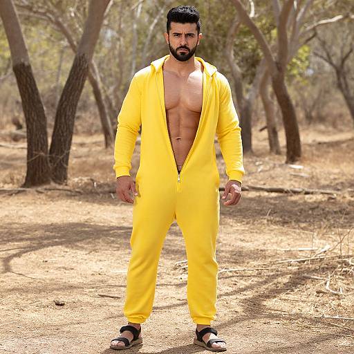 Man Wearing Yellow Jumpsuit Outdoors in Forest
