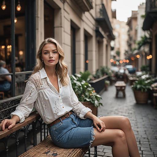 Stylish Woman in White Blouse and Denim Skirt Sitting on Urban Bench