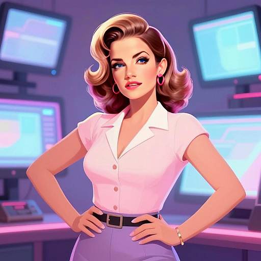 Confident Woman with Retro Style in Futuristic Tech Environment Illustration