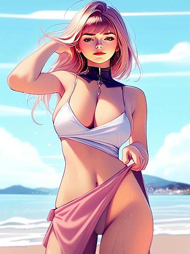 Anime Style Beach Illustration of Woman in White Bikini and Pink Wrap