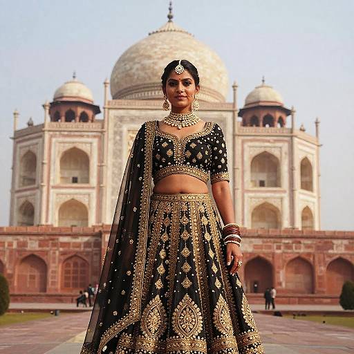 Woman in Black Gold Embroidered Lehenga at Taj Mahal