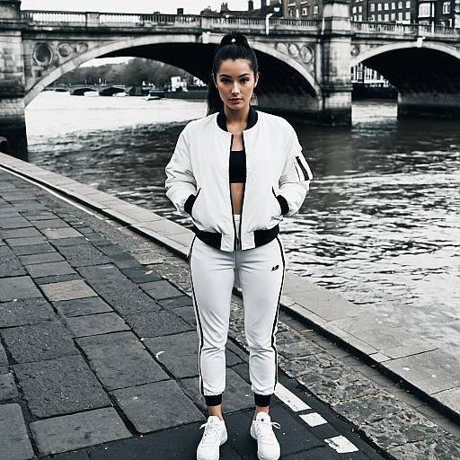 Young Woman in White Streetwear by Riverside with Historic Bridge