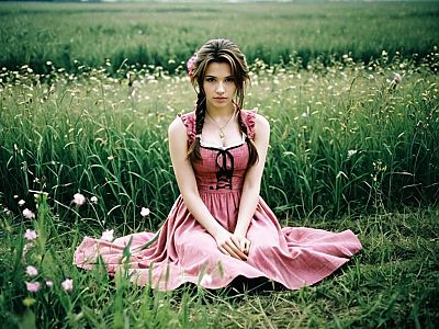 Young woman in pink dress in green field