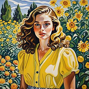 Woman with Golden Hair in Yellow Flower Field