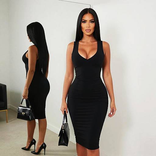 Elegant Woman in Black Fitted Midi Dress Holding Handbag