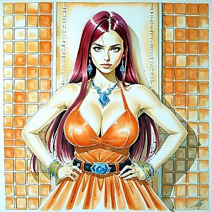 Confident Woman in Orange Dress with Blue Jewelry