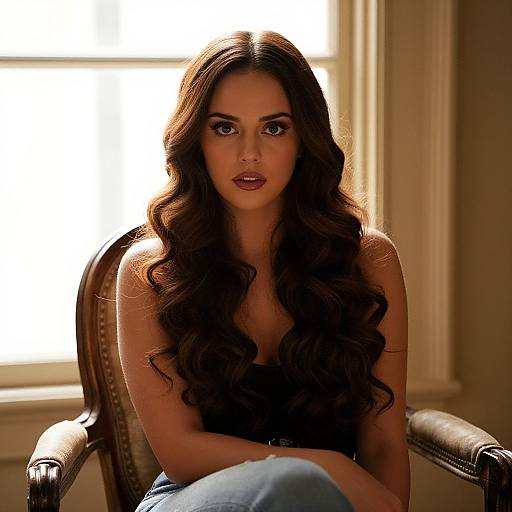 Portrait of Young Woman with Long Wavy Hair Sitting in Classic Chair