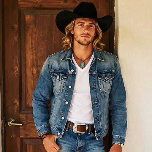 Young Man in Modern Western Denim Outfit with Cowboy Hat