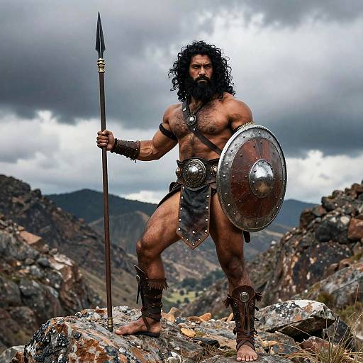 Ancient Warrior Man with Spear and Shield on Rocky Mountain Landscape
