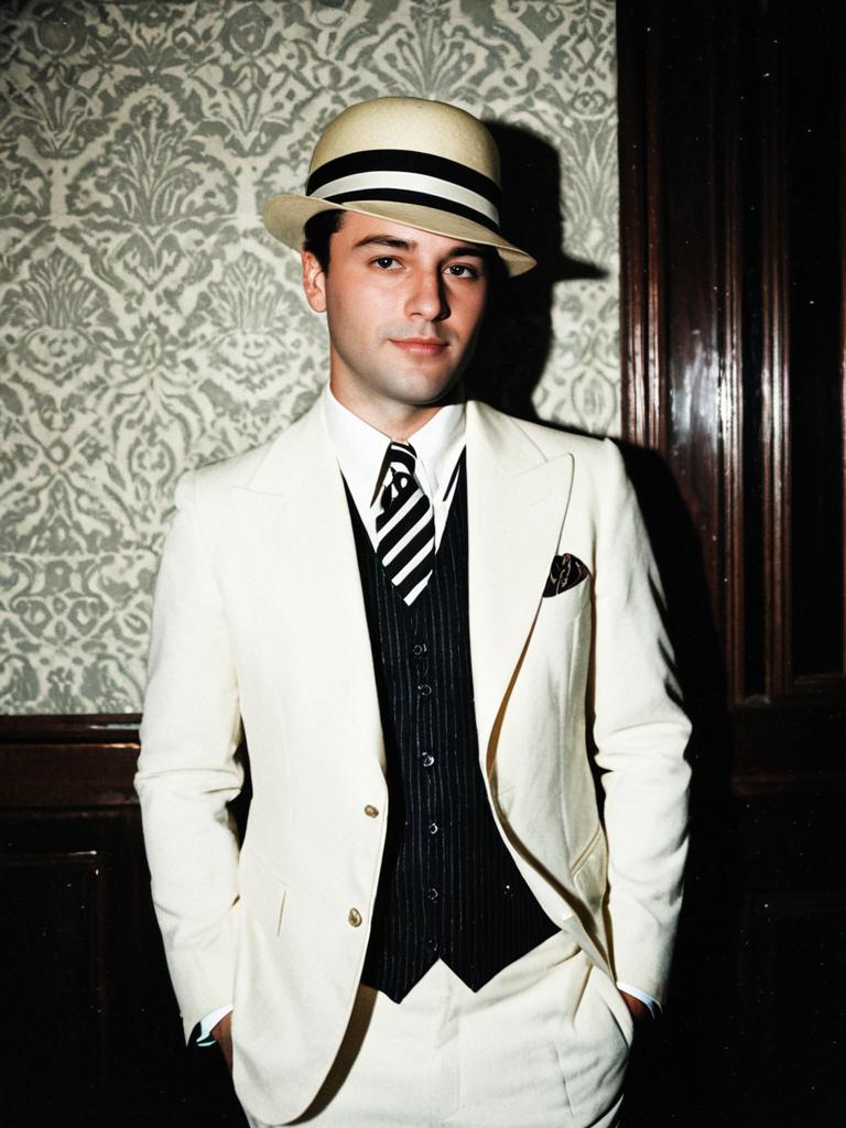 Man in Classic Gatsby Party Costume with White Suit and Fedora Hat