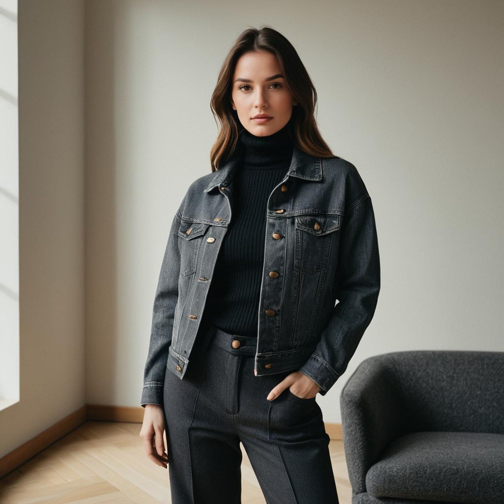 Young Woman in Dark Denim Jacket and Black Turtleneck Indoors