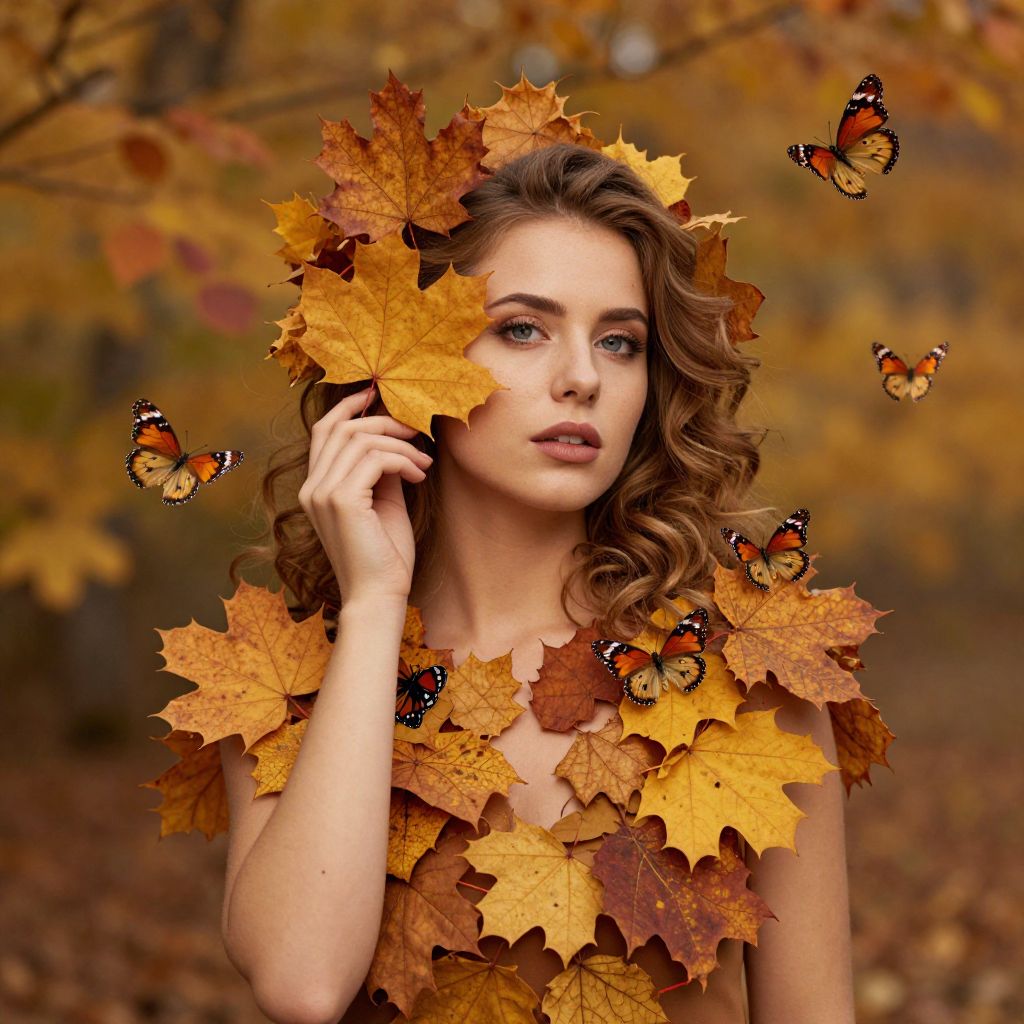 Woman Adorned with Autumn Leaves and Butterflies in Fall Forest