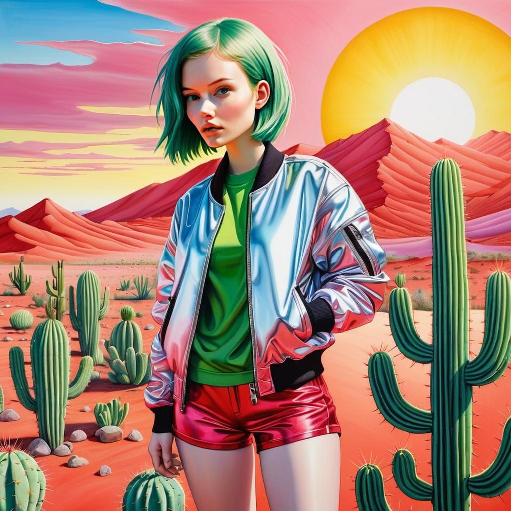 Young Woman with Green Hair in Vibrant Desert Landscape Young Woman with Green Hair in Vibrant Desert Landscape