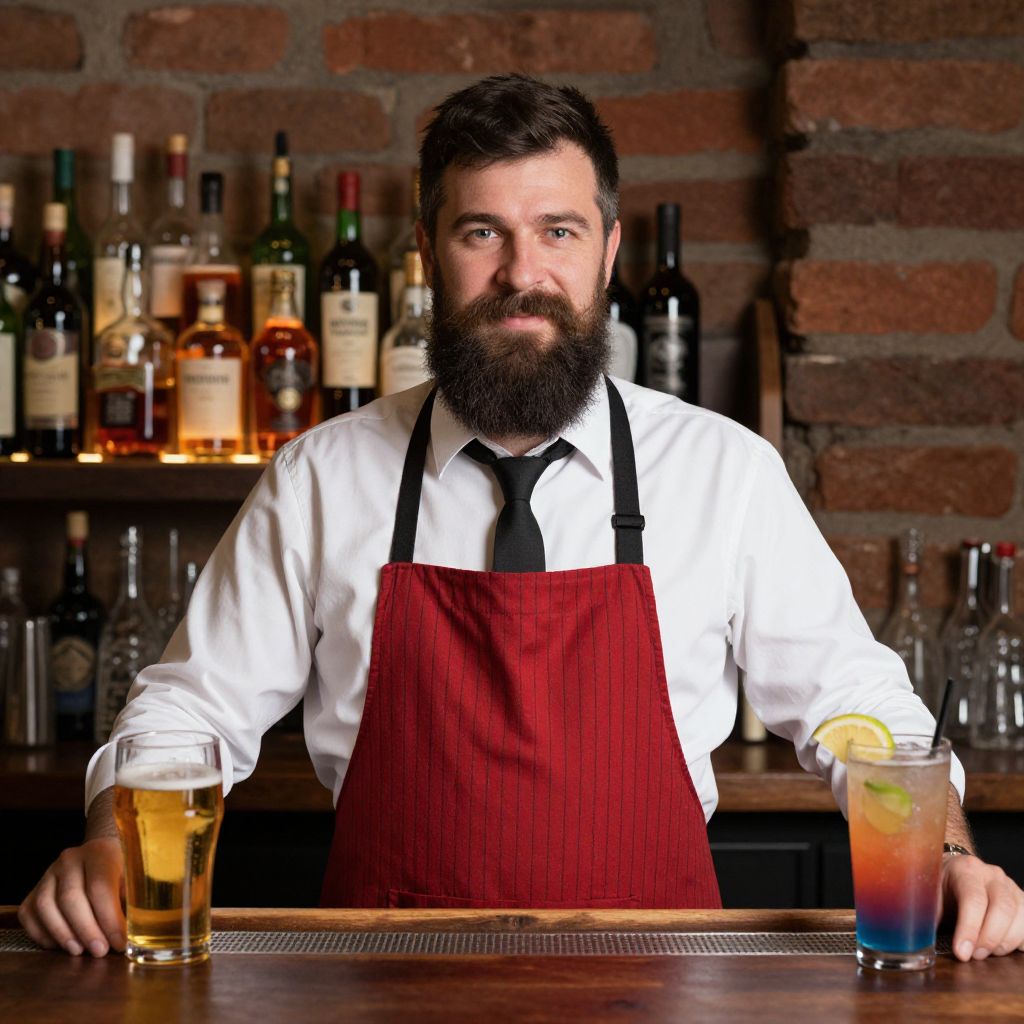 Bartender Serving Beer and Cocktail Behind Bar in Red Apron