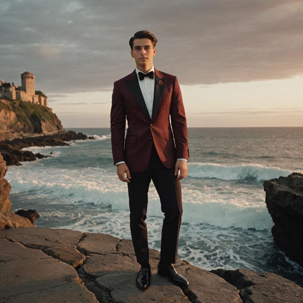 Man in Burgundy Tuxedo on Rocky Shoreline