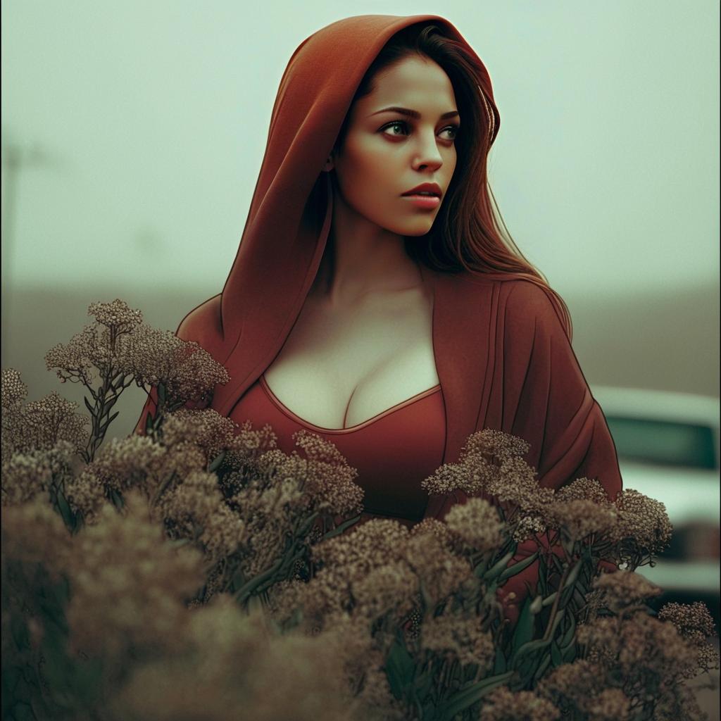Portrait of Woman in Rust Hooded Outfit Among Dry Wildflowers
