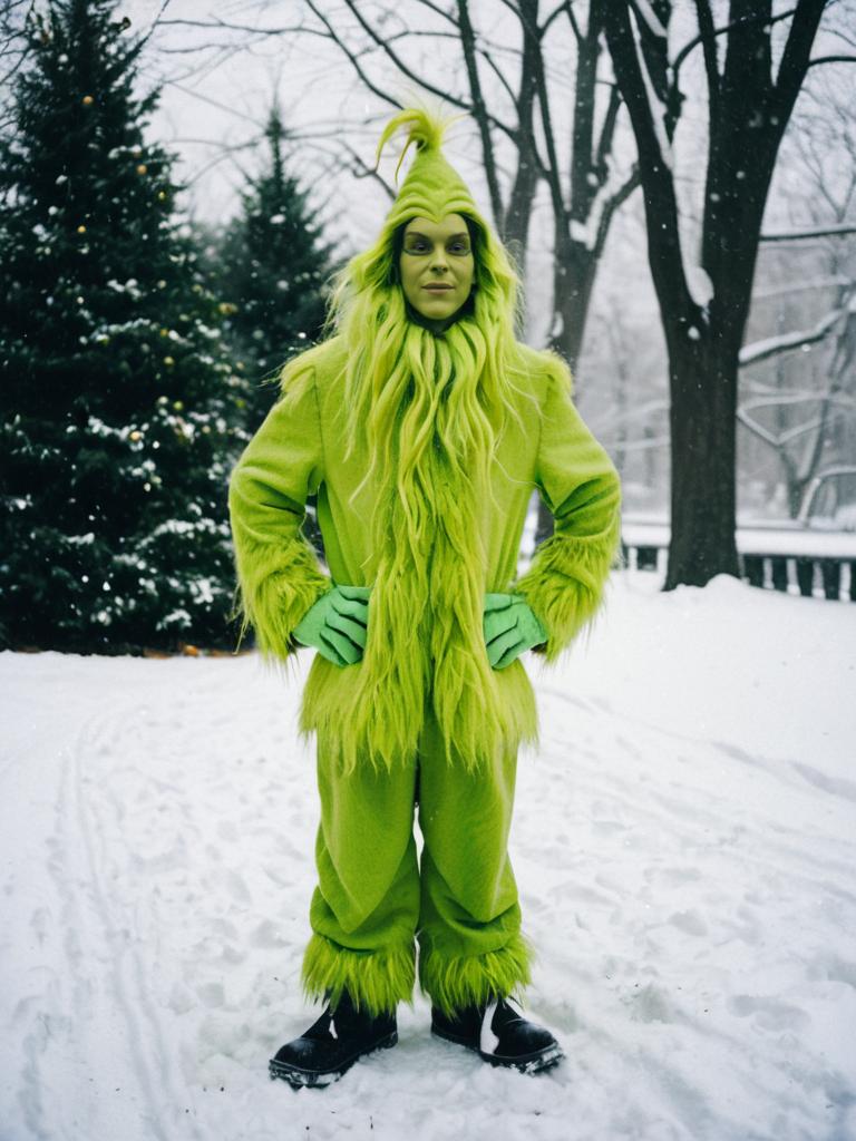 Man in Grinch Costume Standing in Snowy Forest