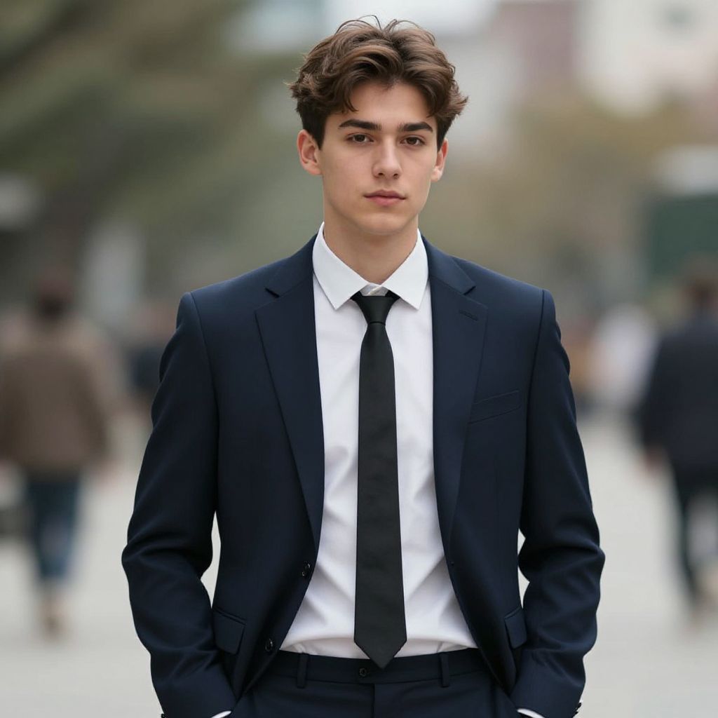 Confident Young Man in Navy Blue Suit with Black Tie Urban Portrait