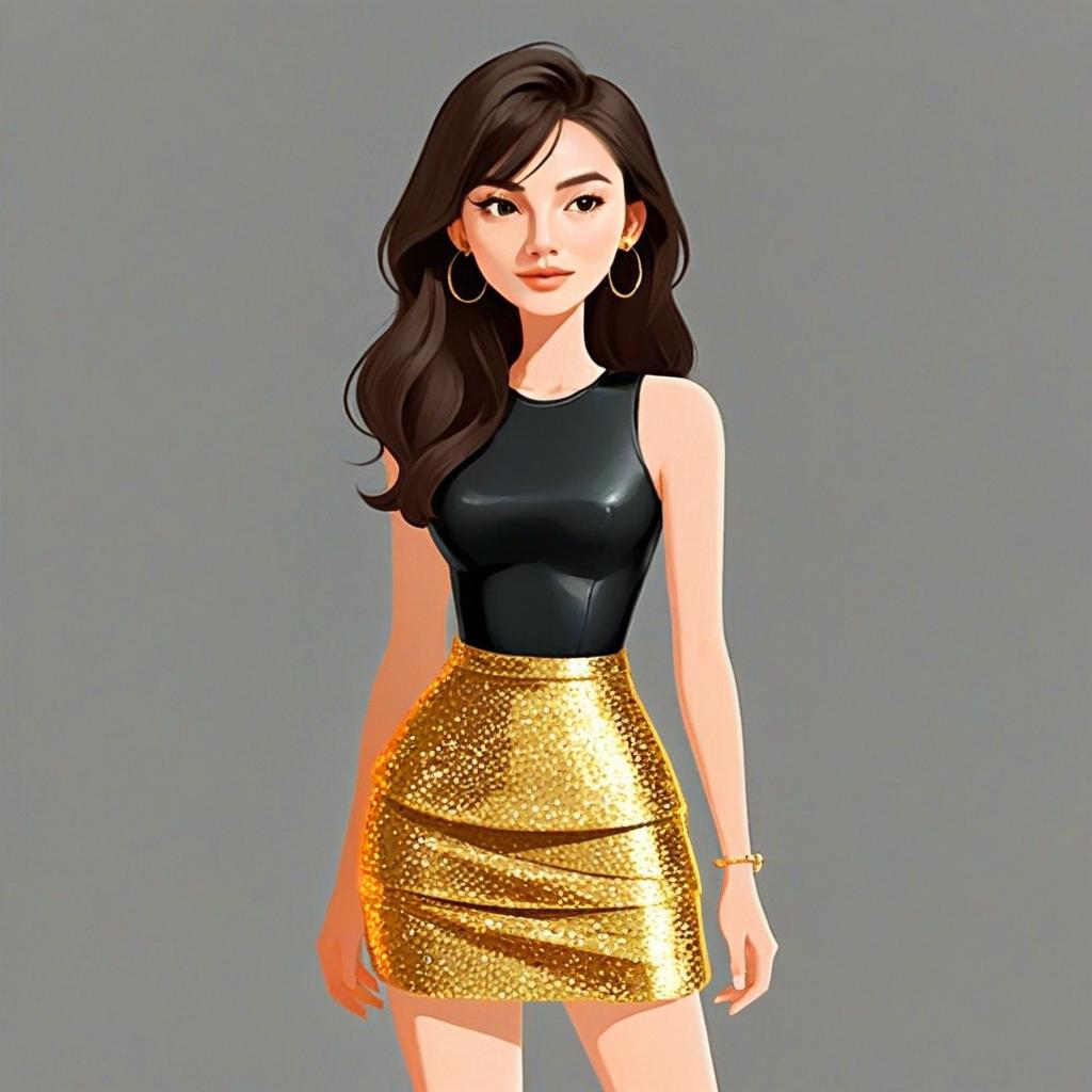 Chic Woman with Black Sleeveless Top and Golden Sequin Skirt Digital Illustration