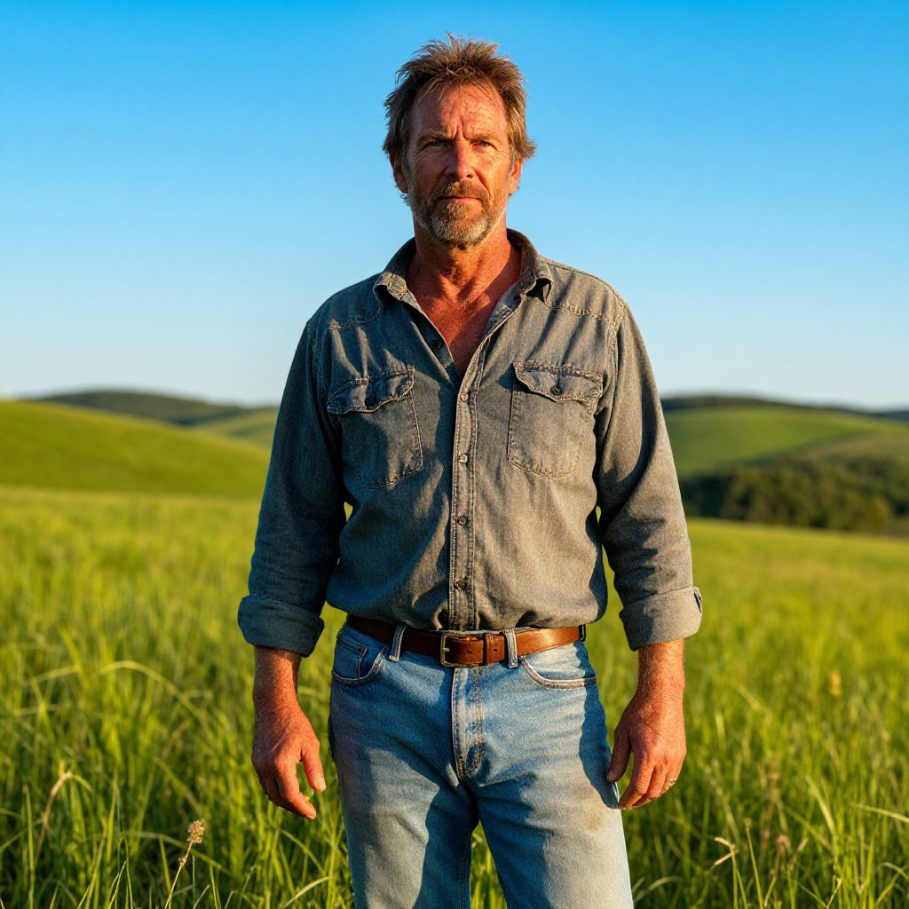 Rugged Man in Denim Shirt Standing in Green Field with Rolling Hills