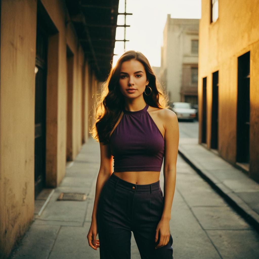 Young Woman in Purple Halter Crop Top in Urban Alleyway at Golden Hour