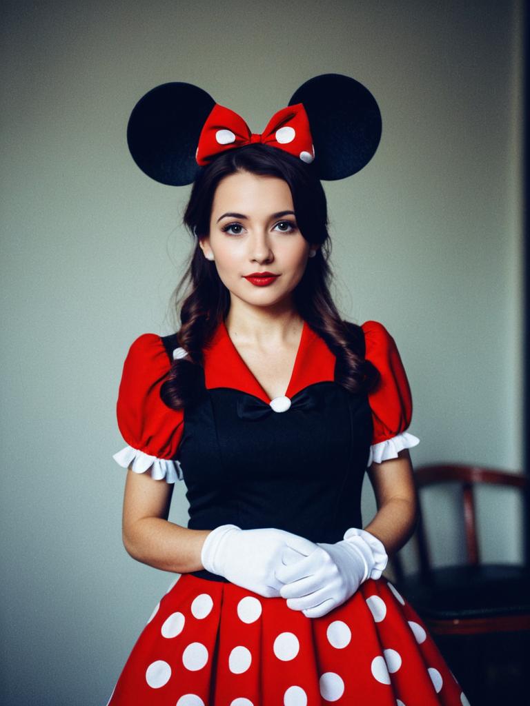 Woman in Classic Minnie Mouse Costume with Red Polka Dot Dress and Gloves