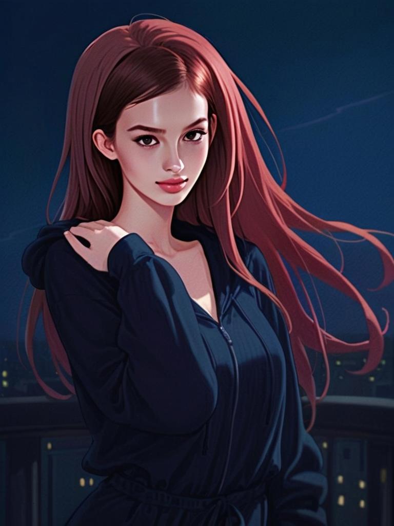 Young Woman in Hoodie Against Night Cityscape