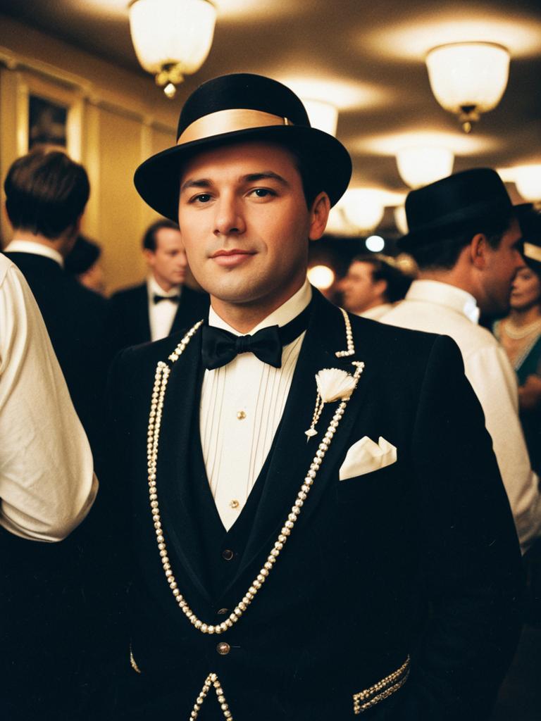Man in Gatsby Party Costume Wearing Black Tuxedo and Bowler Hat