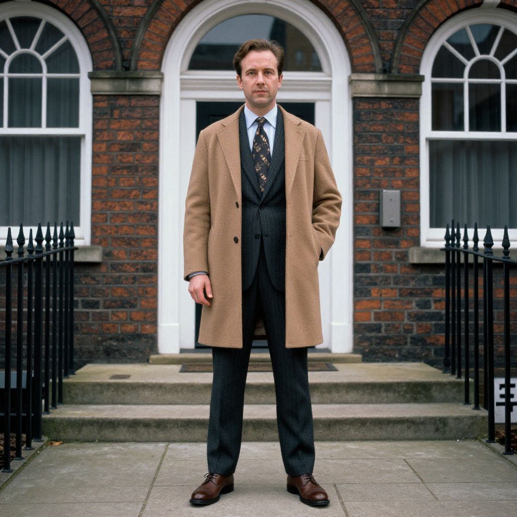 Man in Classic Suit and Tan Overcoat Standing Outside Brick Building