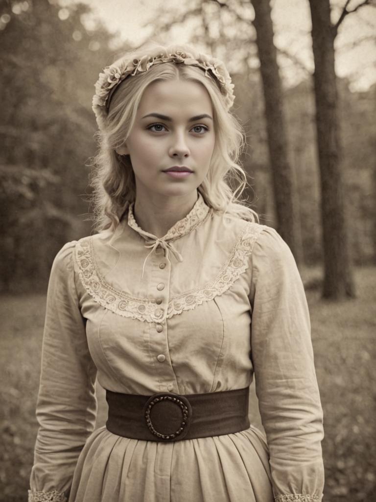 Petite Blonde Woman in Vintage 1800s Outfit