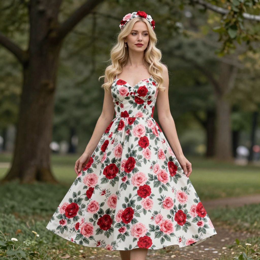 Woman in Vintage Floral Rose Dress and Headband Outdoors