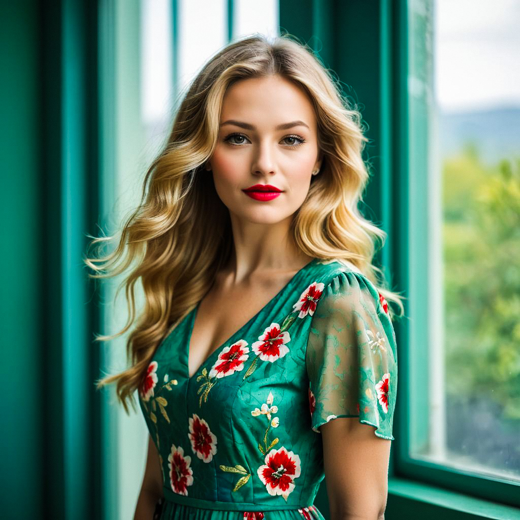 Young Woman in Green Dress by Large Windows