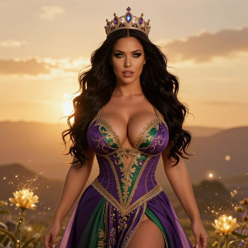 Regal Woman in Ornate Purple and Green Corset Dress with Crown at Sunset