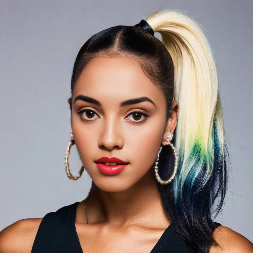 Young woman with high ponytail and multicolored hair