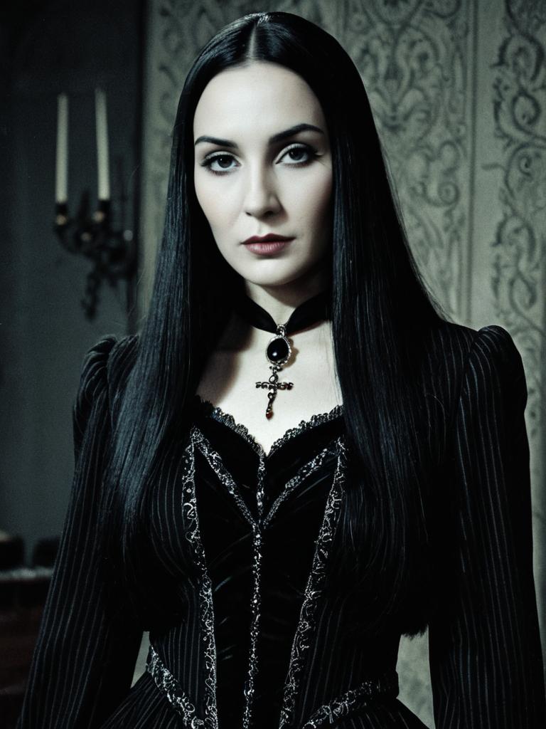 Woman in Morticia Addams Costume Detailed Cinematic Portrait