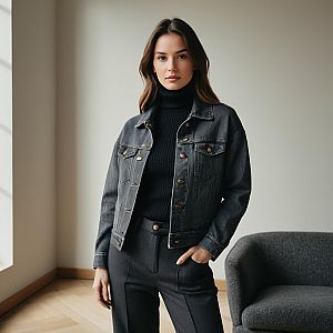 Young Woman in Dark Denim Jacket and Black Turtleneck Indoors