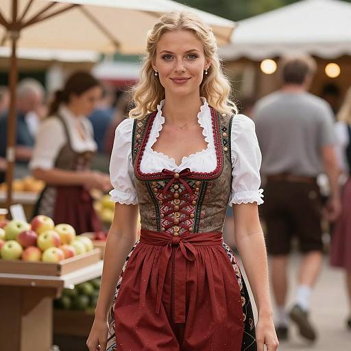 Smiling Woman in Traditional Bavarian Dirndl Dress at Outdoor Market