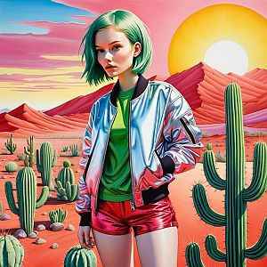 Young Woman with Green Hair in Vibrant Desert Landscape