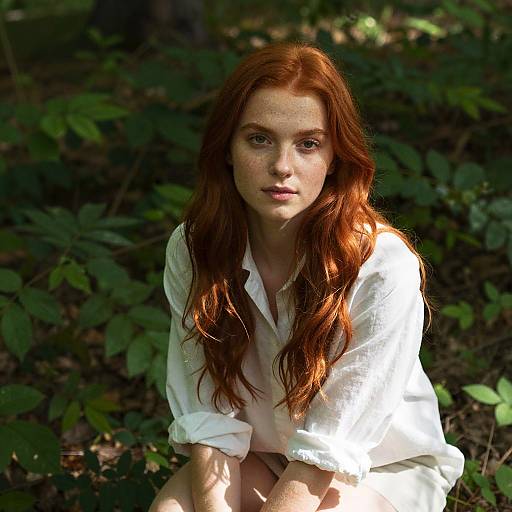 Portrait of Red-Haired Woman in White Shirt Outdoors