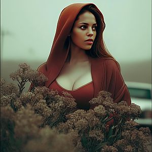 Portrait of Woman in Rust Hooded Outfit Among Dry Wildflowers