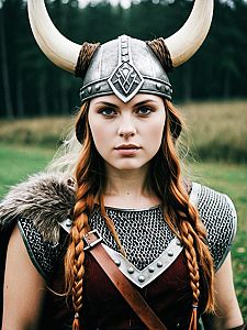 Woman in Authentic Viking Costume with Horned Helmet and Chainmail Armor