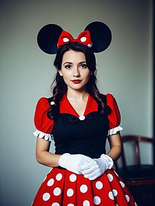 Woman in Classic Minnie Mouse Costume with Red Polka Dot Dress and Gloves